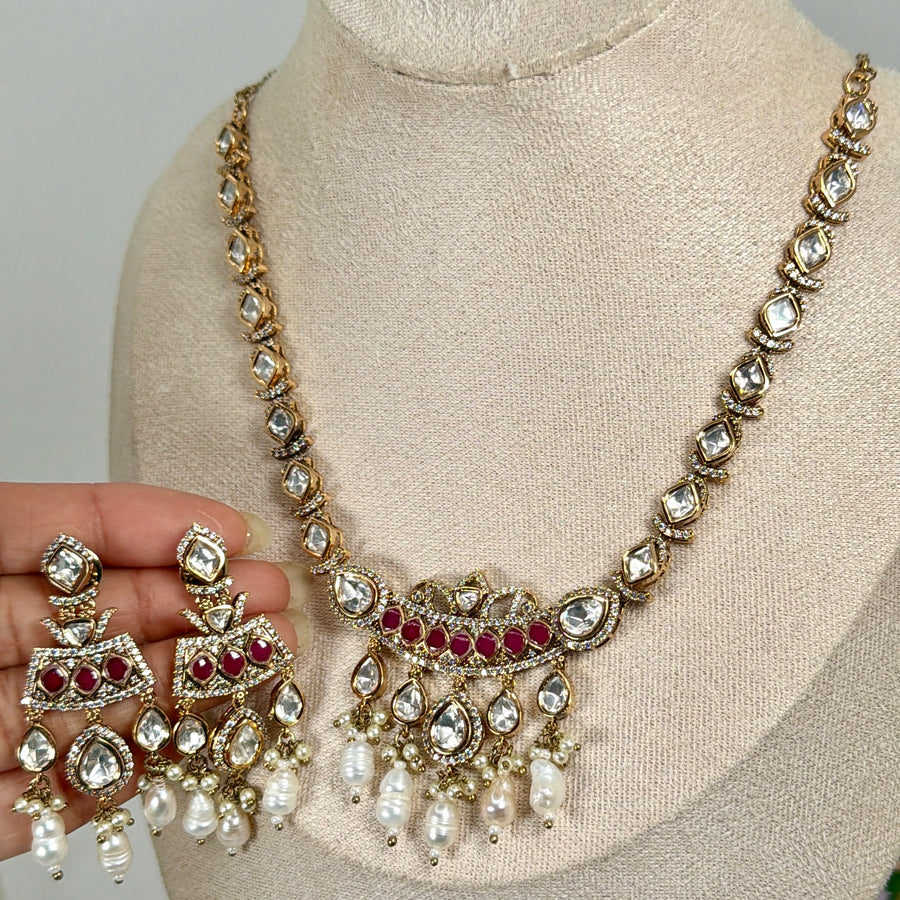 Ruby Moissanite Dainty Polki Kundan Necklace Set