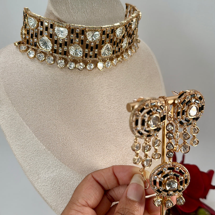 Black Moissanite Polki Choker Necklace Set