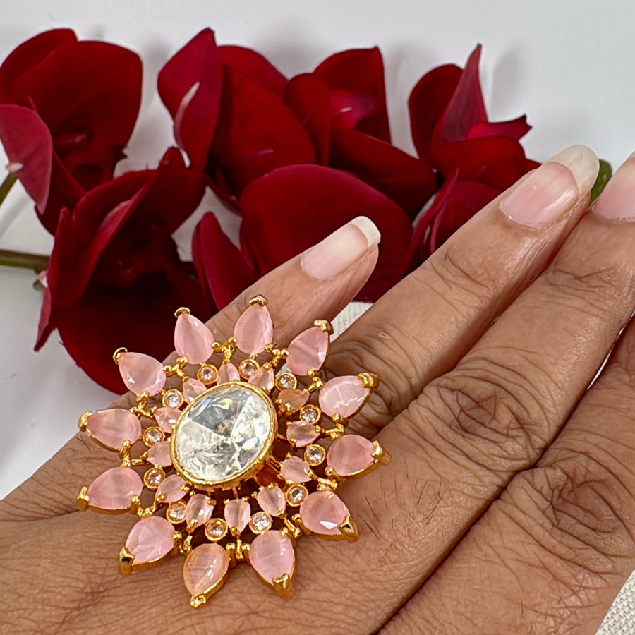 Pink Moissanite Adjustable Finger Ring