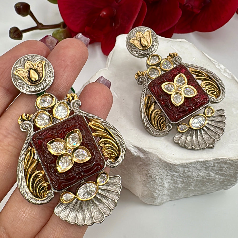 Ruby Silver Lookalike Dual Tone Earrings