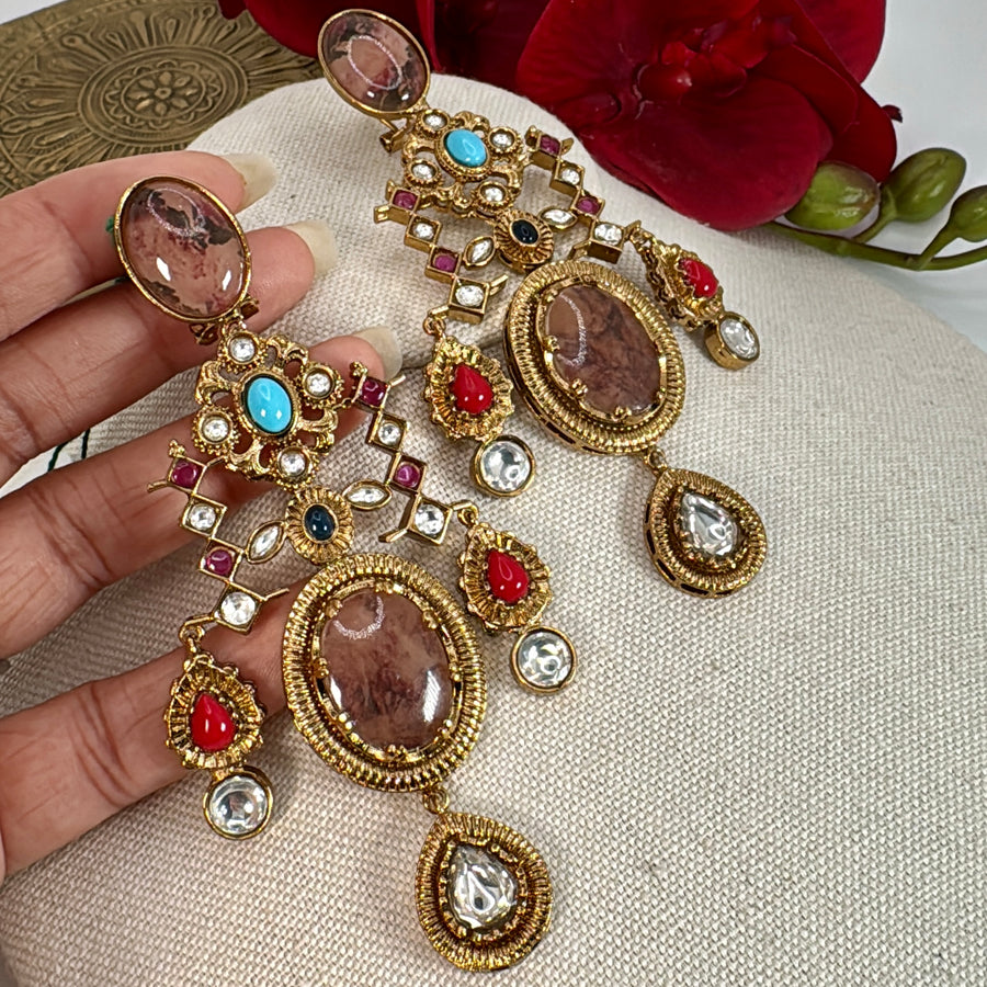 Tiger Eye Multi Marble Doublet Statement Earrings