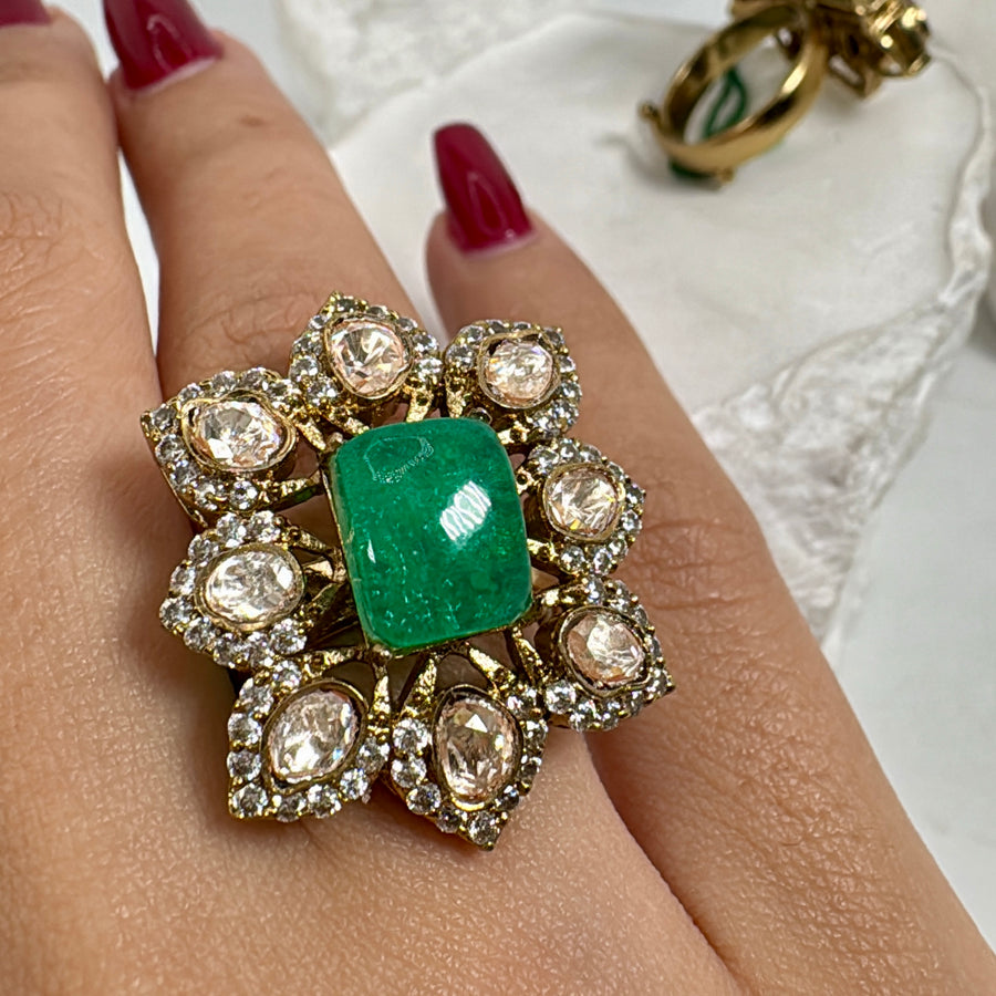 Green Doublet Moissanite Adjustable Finger Ring
