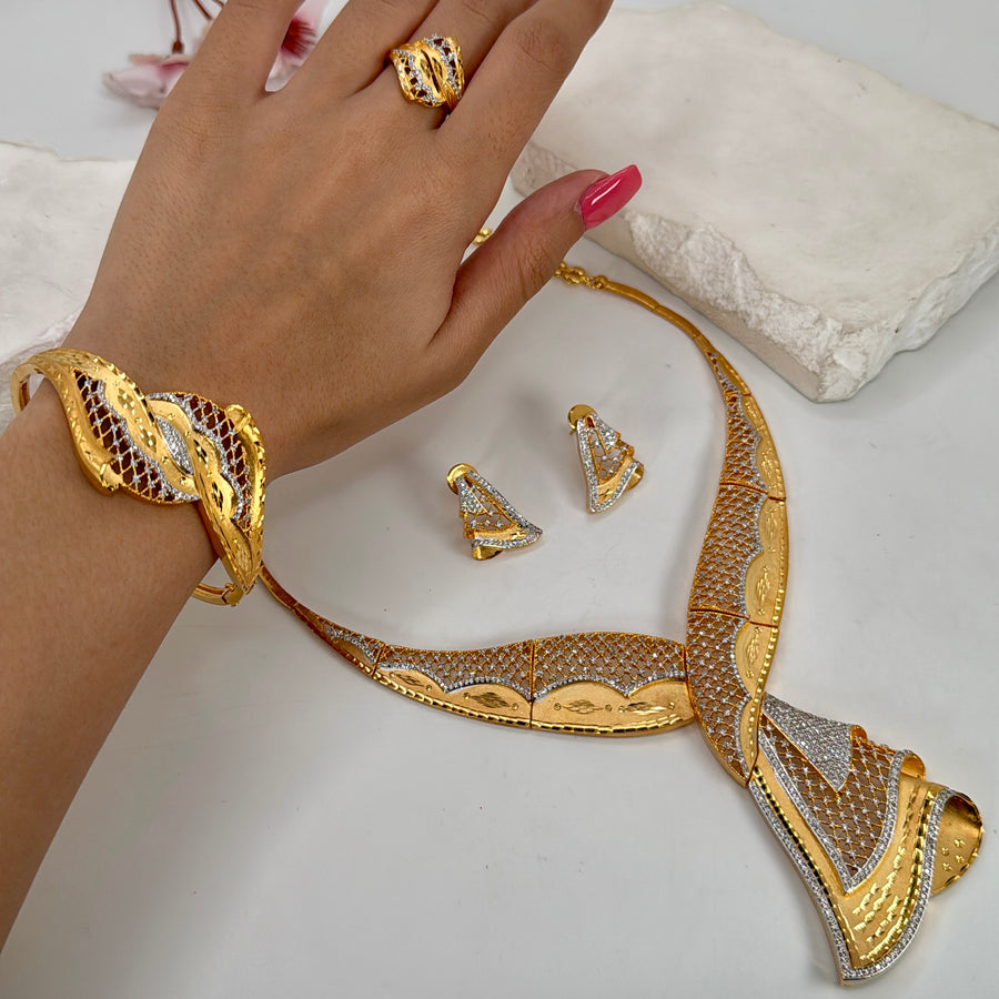 Yellow Gold American Diamonds Lightweight Cubic Zirconia Combo Necklace Set With Adjustable Finger Ring & Openable Bracelet