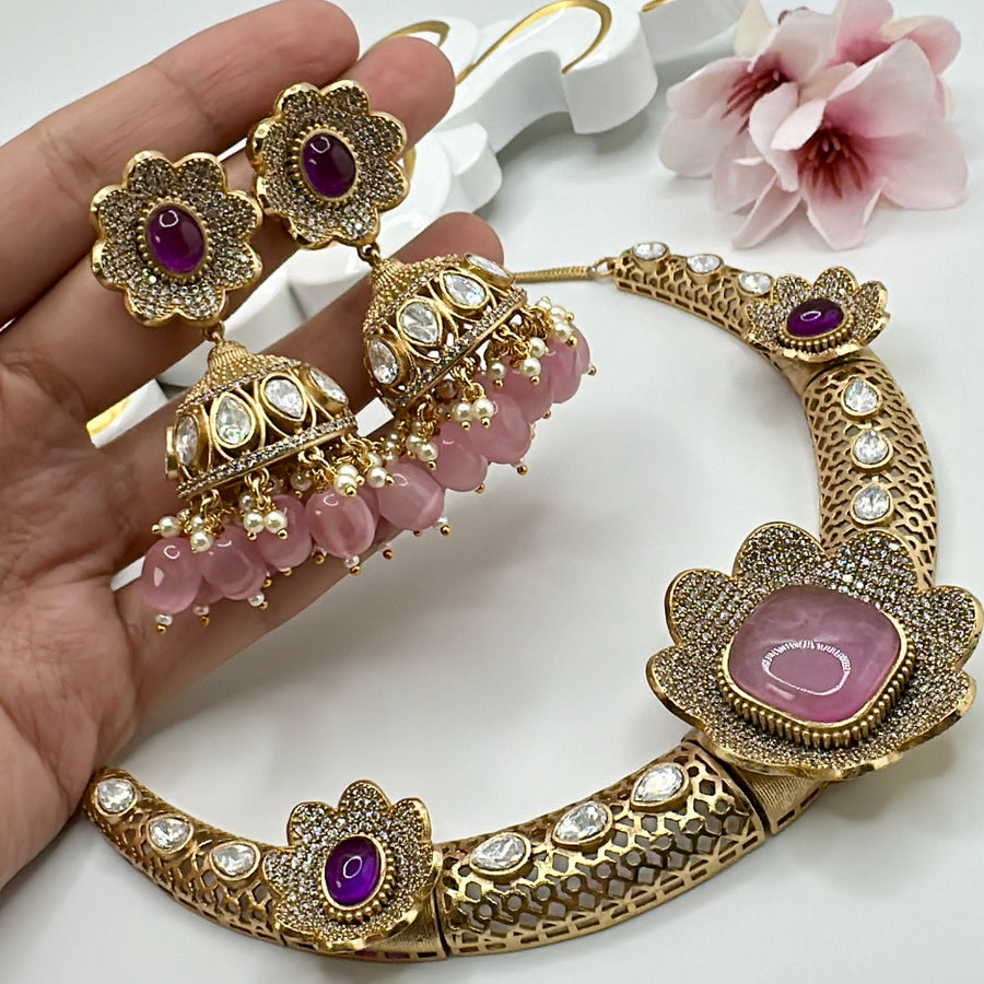 Pink American Diamonds & Kundan Hasli Set