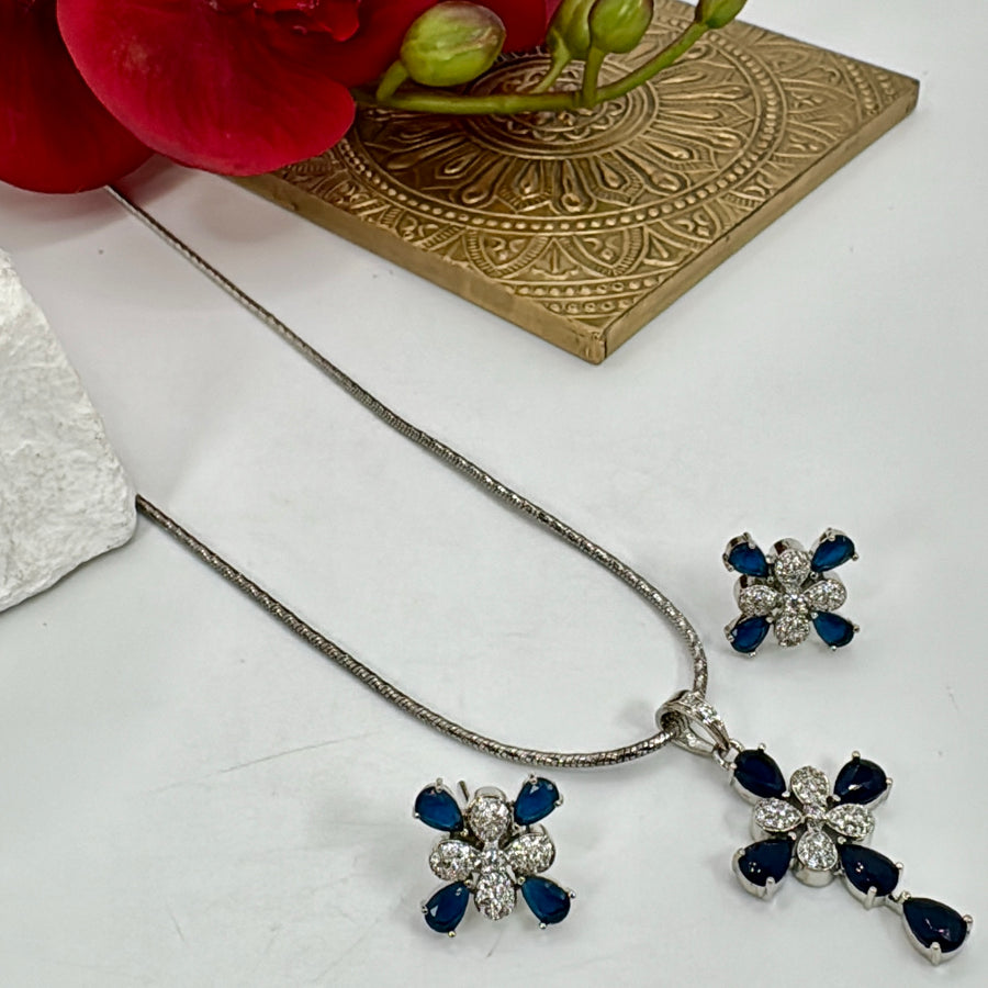 Blue AAA Cut Cubic Zirconia Rhodium Plated Pendant Necklace Set
