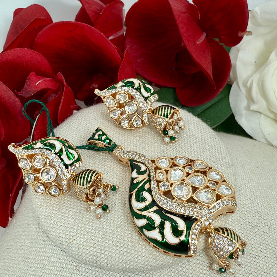 Green Meenakari Jadau Polki pendant Necklace Set