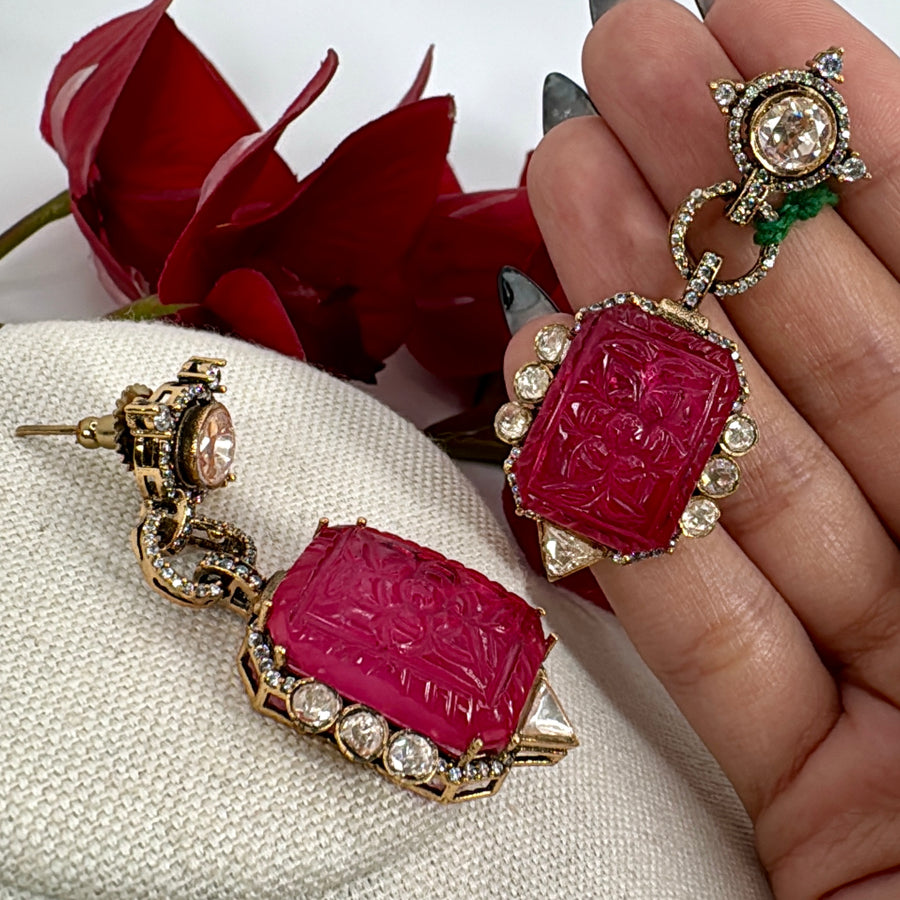 Hot Pink Carved Doublet Moissanite Earrings