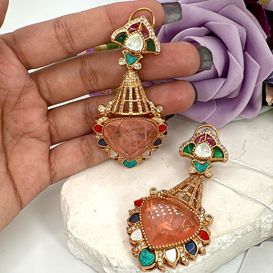 Peach Doublet and Navratan Multi Jadau Earrings
