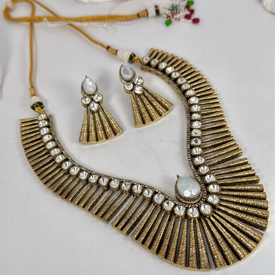 White Doublet Moissanite Antique Gold Chic Necklace Set