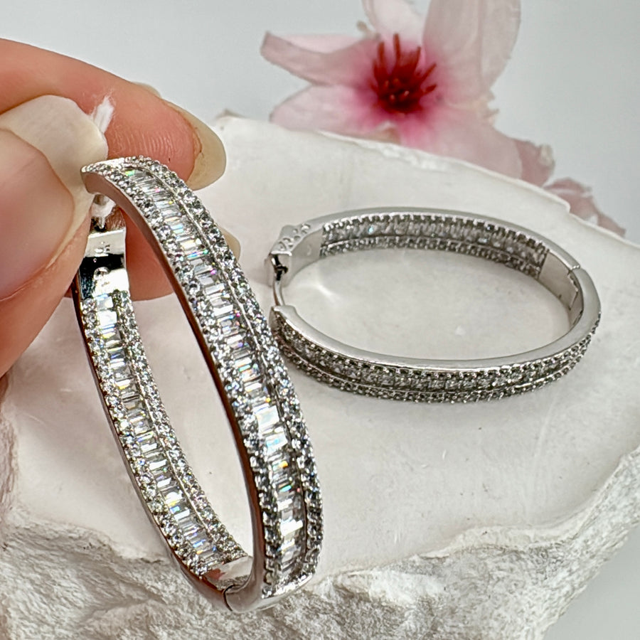 Clear American Diamonds Cubic Zirconia Italian Long Hoop Earrings