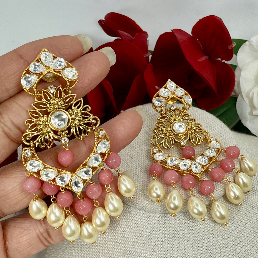 Pink Pearl Moissanite Chand Bali Earrings