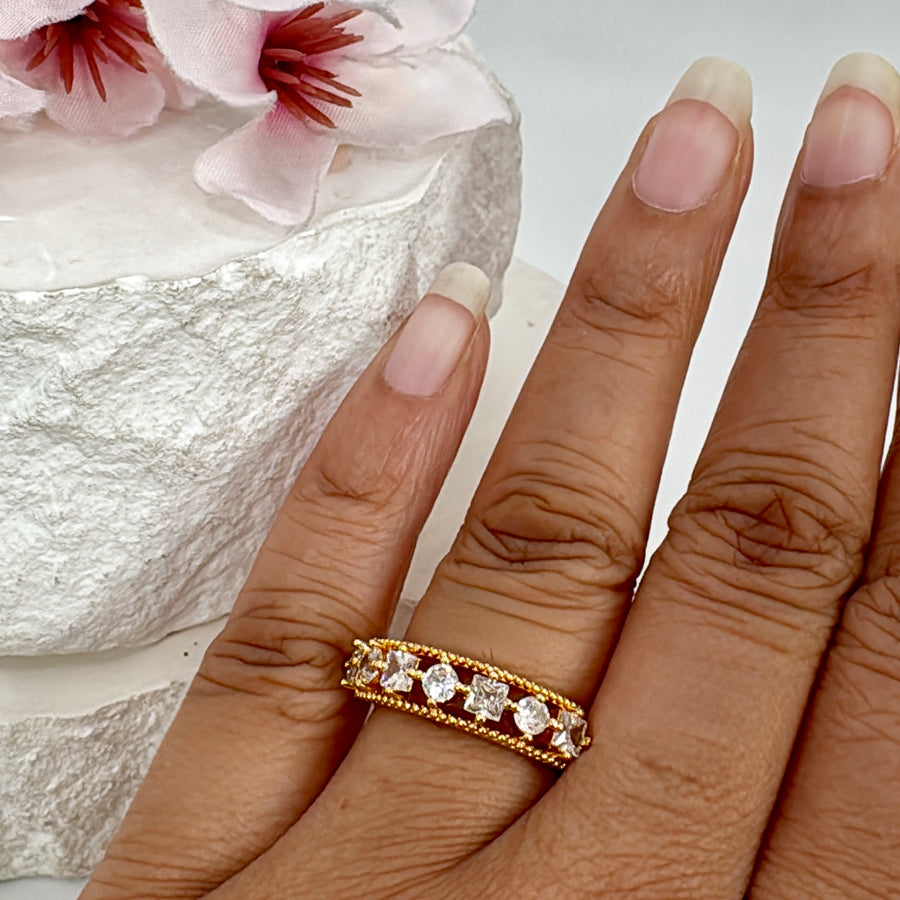 Clear Tanishq Inspired Cubic Zirconia American Diamonds Gold Plated Adjustable Finger Ring Design 1