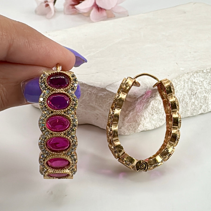 Ruby Doublet Antique Gold Hoop Earrings