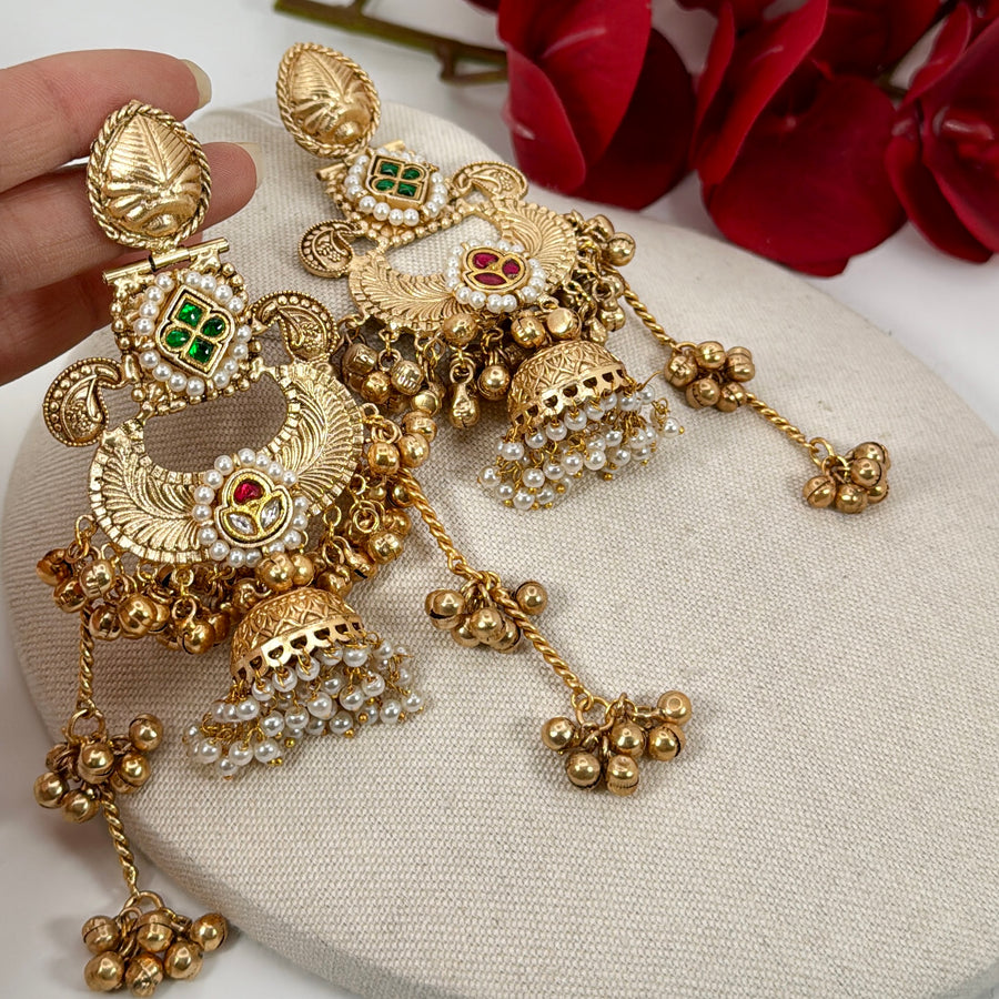 Green Paachi Silver Lookalike Gold Kashmiri Jhumka Earrings