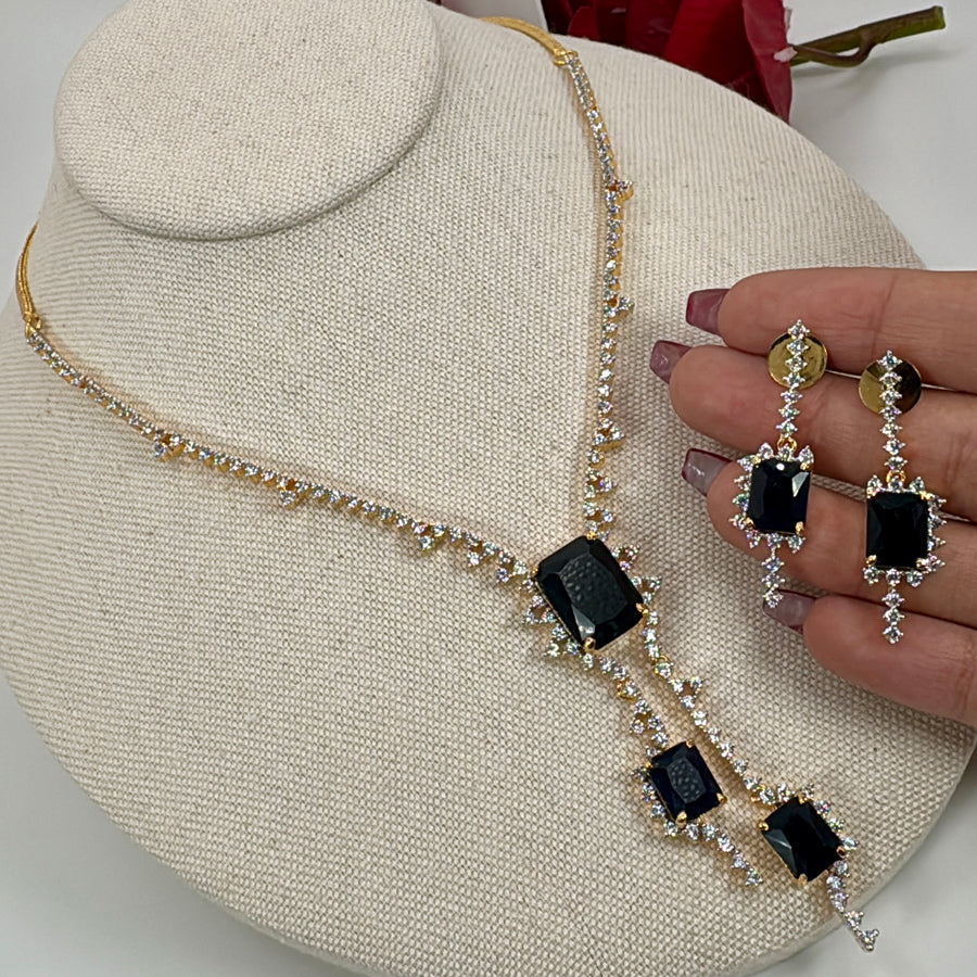 Blue AAA Cut Cubic Zirconia American Diamonds 22 Carat Gold Plated Necklace Set