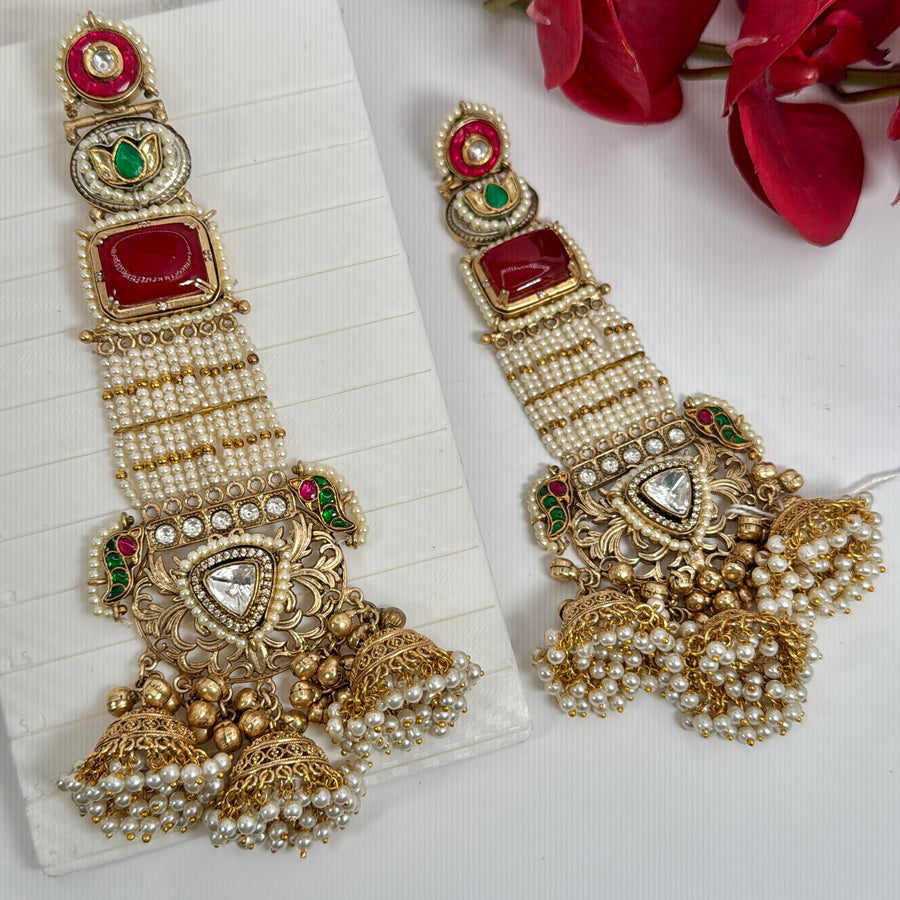 Red Multi Pearls Statement Jhumka Chand Bali Earrings (Approx. Length 6 inches)