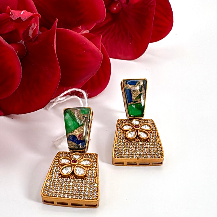 Green Marble Doublet Moissanite Earrings