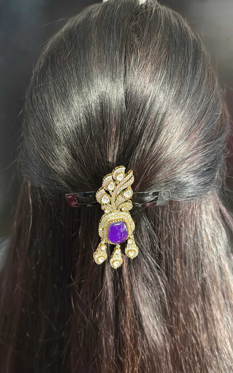 Purple Doublet & Moissanite Kundan Juda Bun Hair Accessory(Can also be worn as Pendant)