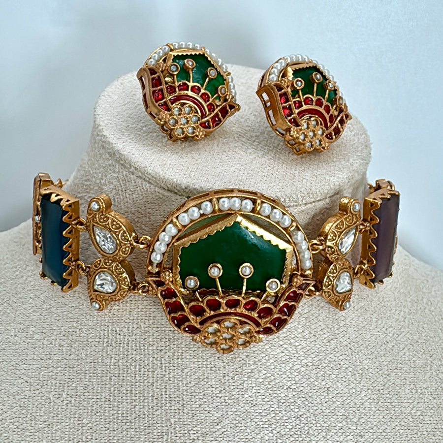 Green Multi Moissanite Apala Inspired Choker Necklace Set