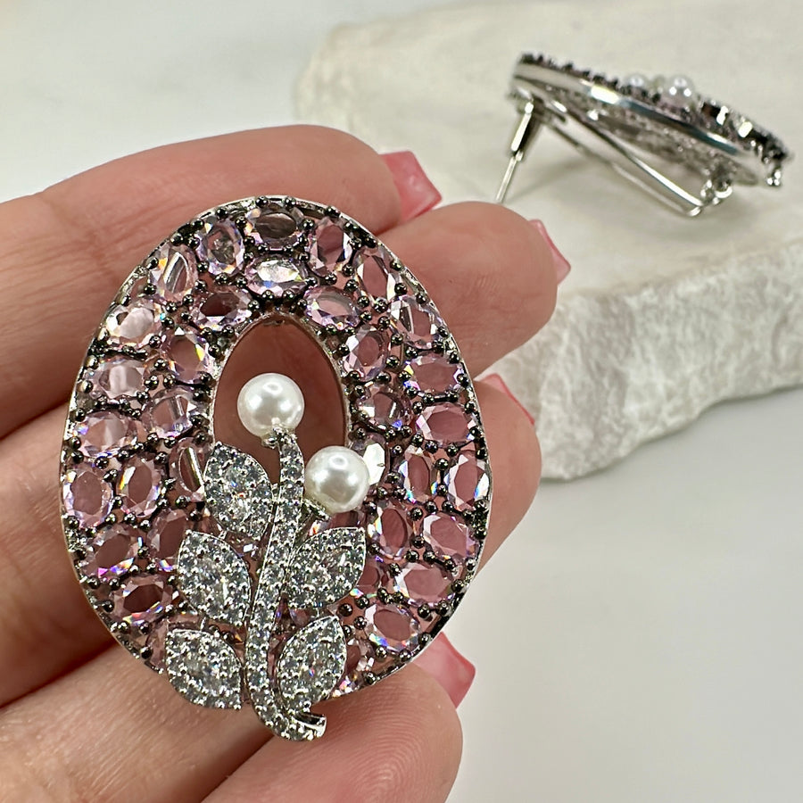 Pink Invisible Setting American Diamonds Cubic Zirconia & Pearl Stud Earrings