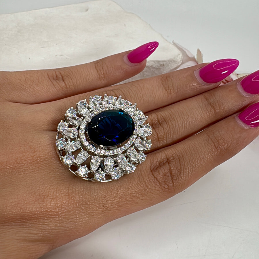 Blue American Diamonds Cubic Zirconia Adjustable Cocktail Finger Ring