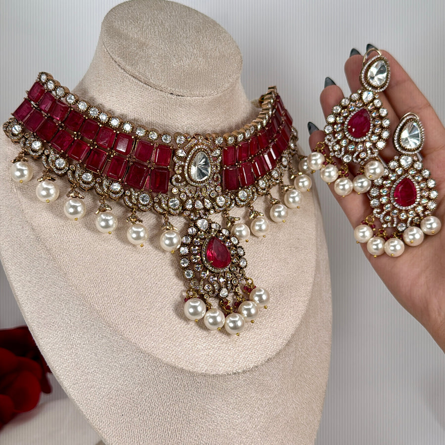 Ruby Doublet Statement Choker Necklace Set