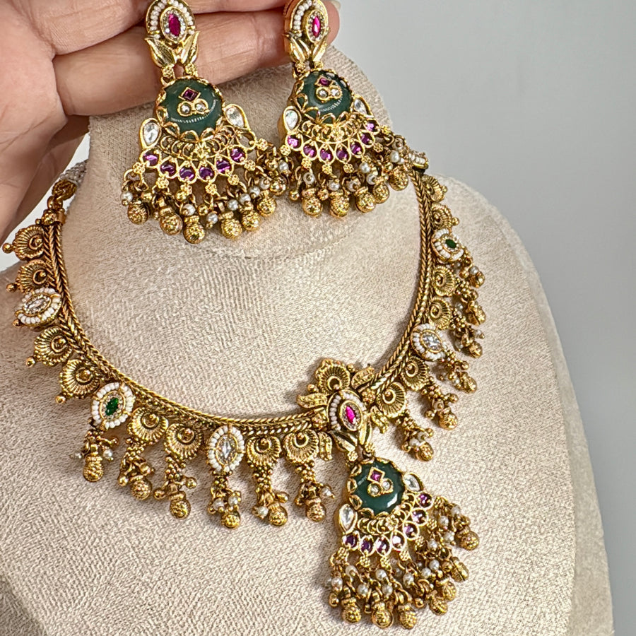 Mint Ruby Antique Gold Heritage Necklace Set
