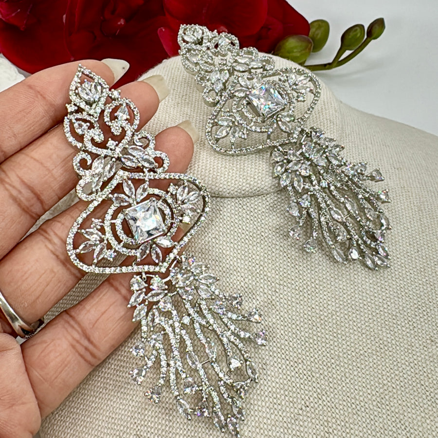 Clear AAA Cut Cubic Zirconia Rhodium Plated Lightweight Cocktail Earrings