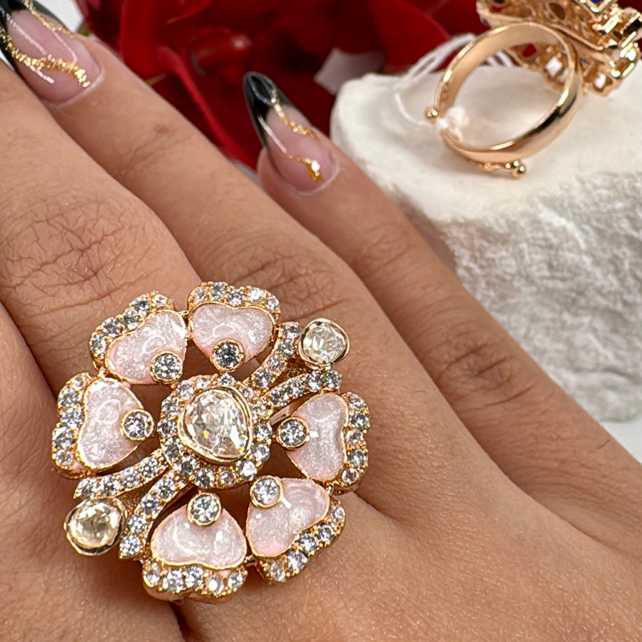 Pink Jadau Moissanite Adjustable Finger Ring