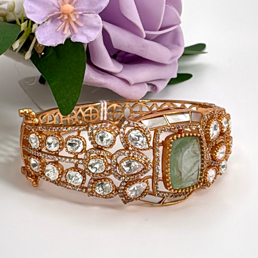 Mint Doublet With MOP Jadau Moissanite Bangle( Fits Size 2.2-2.6)