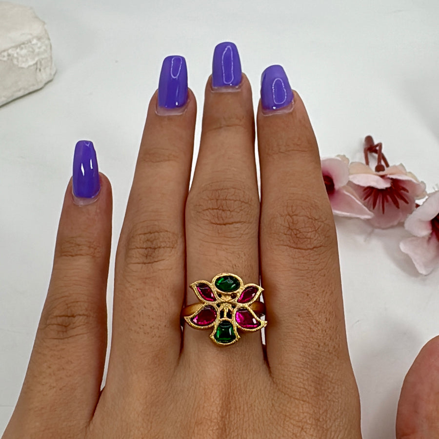 Green & Ruby Kundan Dainty Adjustable Finger Ring