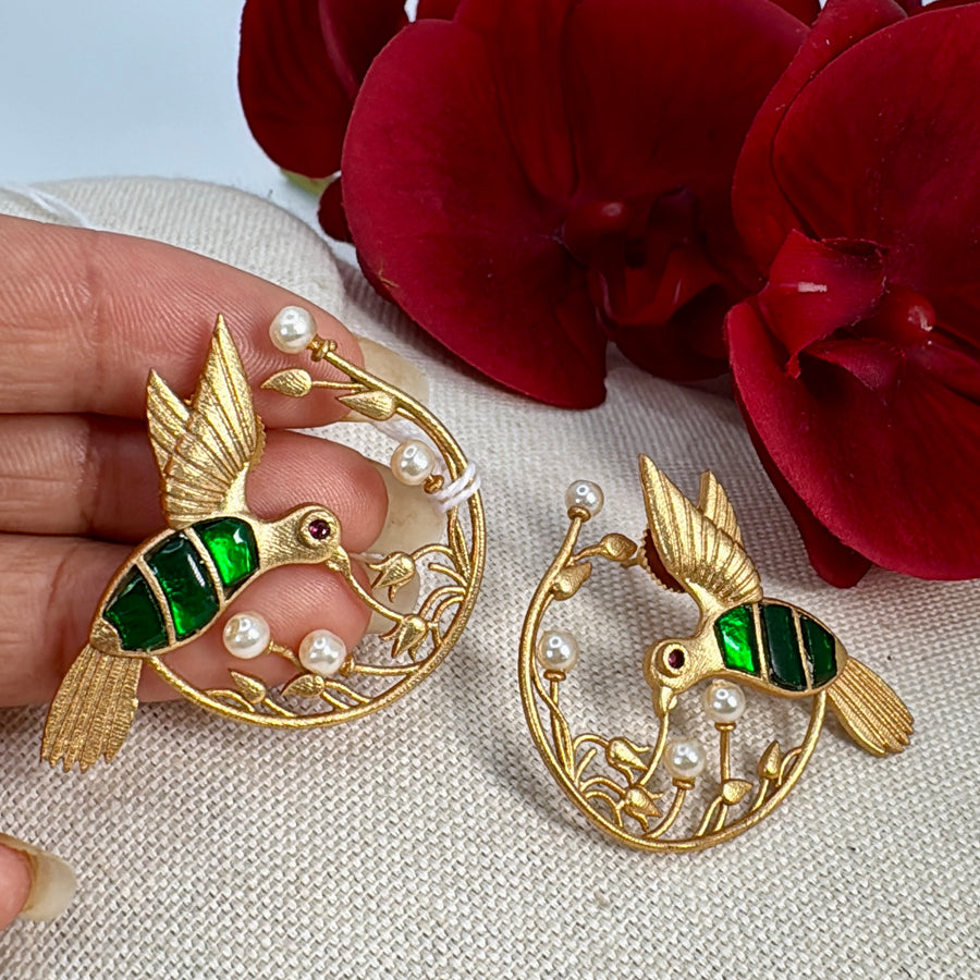 Green Bird Jadau Stud Earrings