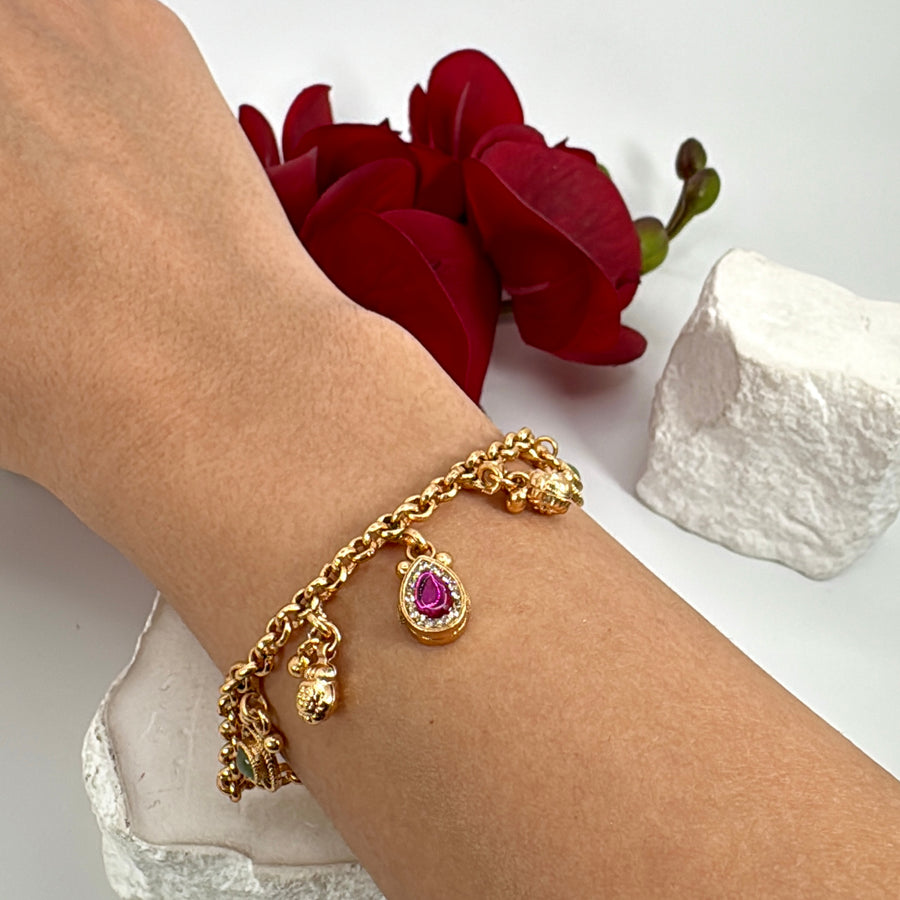 Multi Charms Antique Gold Kundan Flexible Bracelet