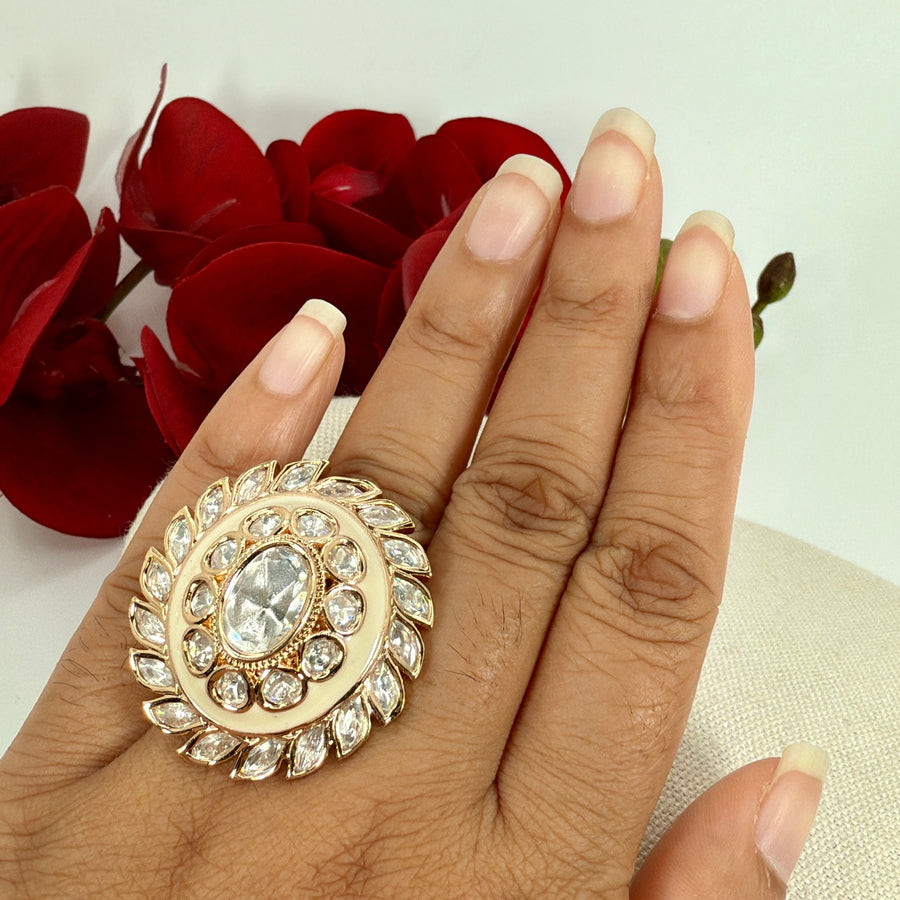 White Meenakari Polki Kundan Adjustable Finger Ring