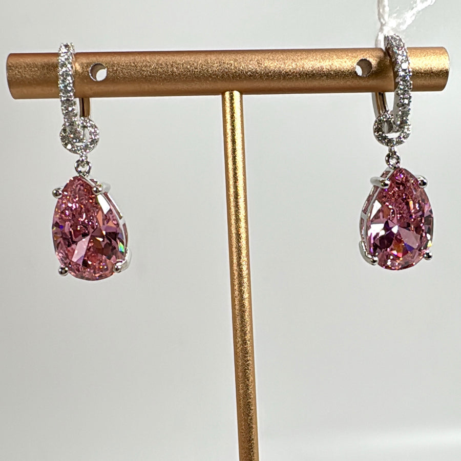 Pink Italian Cubic Zirconia Dainty Drop Hoop Earrings