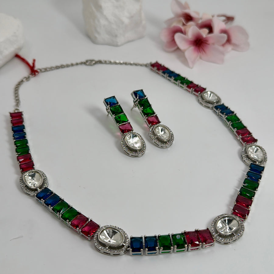 Multi Stone & Kundan Dainty Necklace Set
