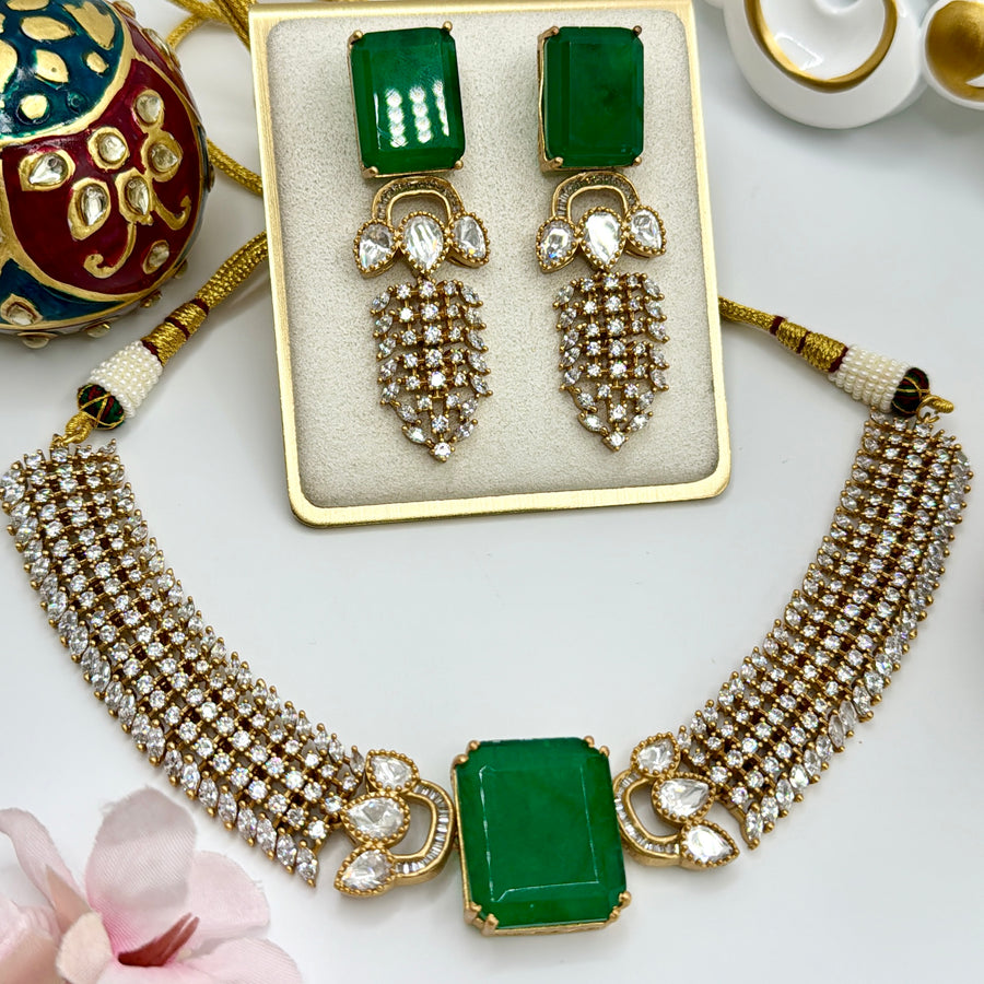 Green Doublet American Diamonds & Moissanite Kundan Necklace Set