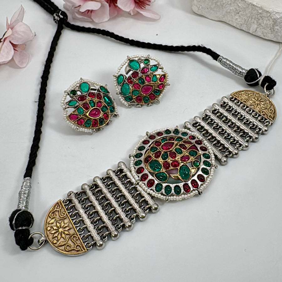 Multi Red Green Silver Lookalike Dual Polish Choker Necklace Set