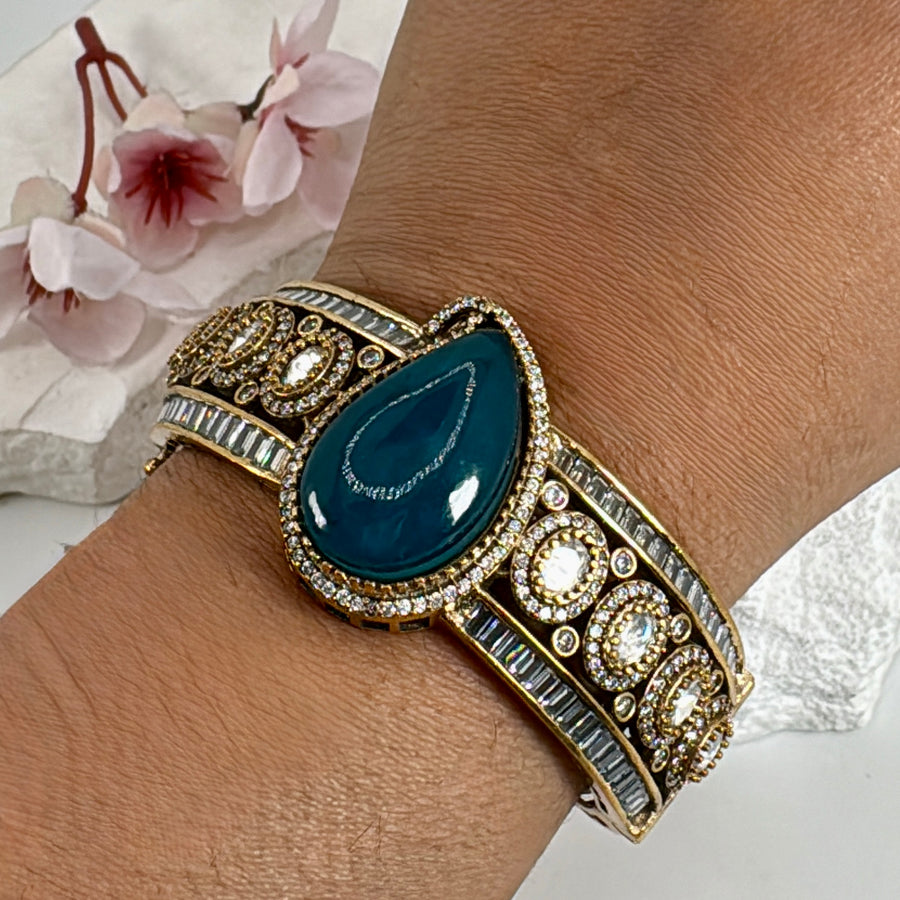 Blue Doublet Moissanite & Baguette Diamonds Openable Bangle(Fits Size 2.2-2.6)