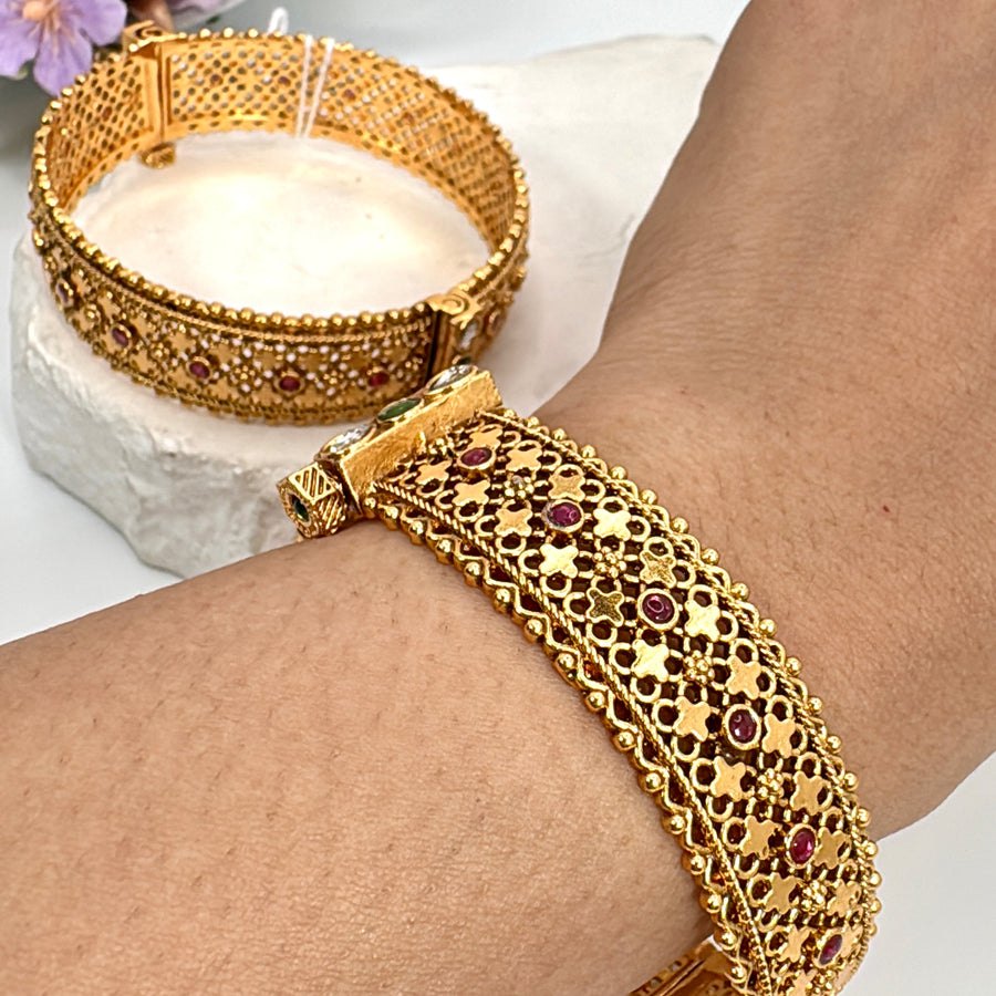 Multi Antique Gold Openable Bangle Pair (Size 2.4)