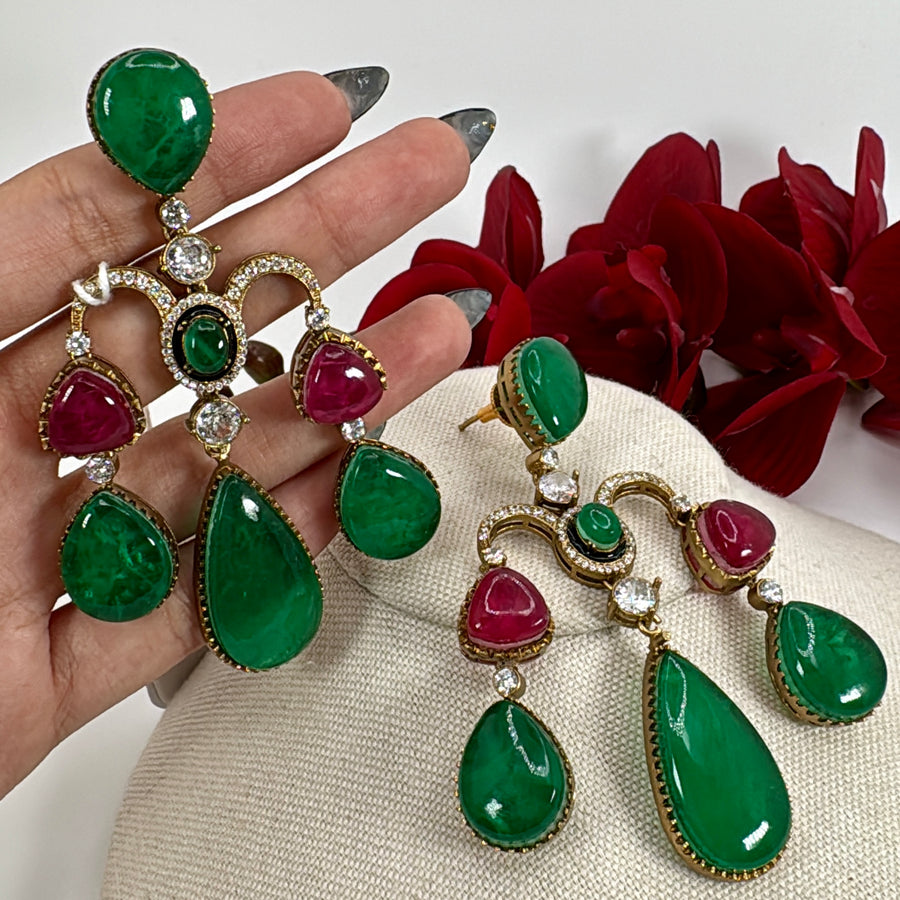 Green & Ruby Doublet Statement Earrings (Approx. Length 3.5 Inches)