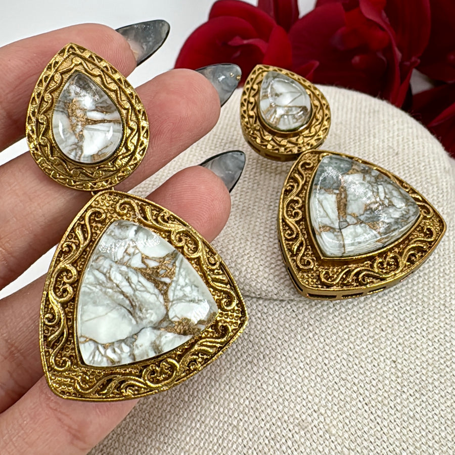 White Marble Doublet Antique Gold Earrings