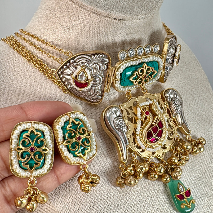 Turquoise Dual Tone Silver Lookalike Choker Set With Paachi Motifs & Inlay Work