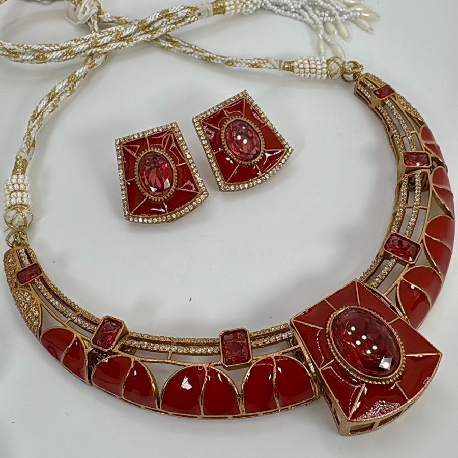 Red Enamel Meenakari Silver Lookalike Gold Hasli Necklace Set