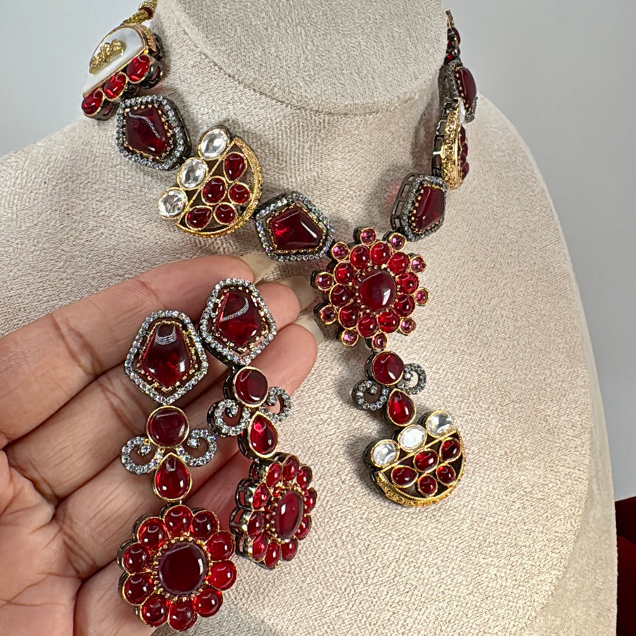 Red Kundan Contemporary Necklace Set