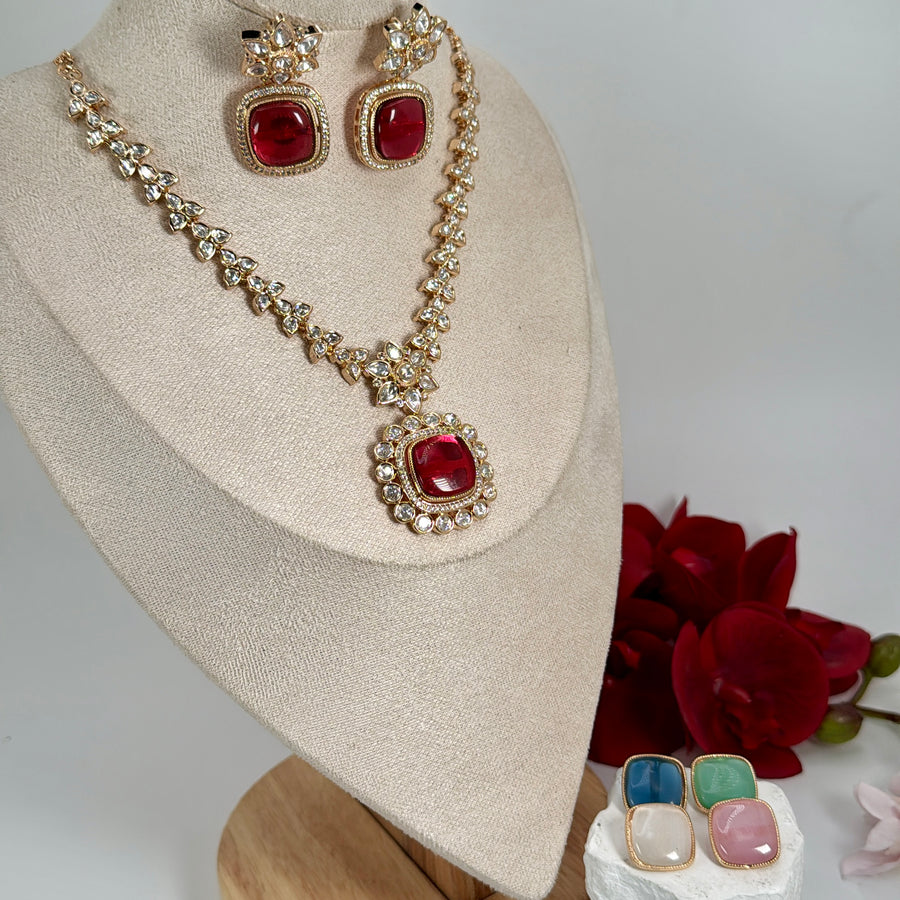 Multi Changeable Stones Polki Necklace Set