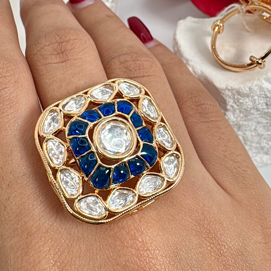 Blue Jadau Polki Square Adjustable Finger Ring