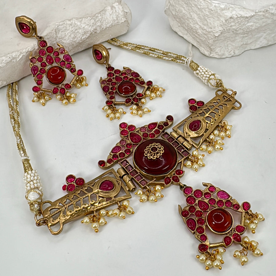 Ruby Silver Lookalike Gold Choker Necklace Set