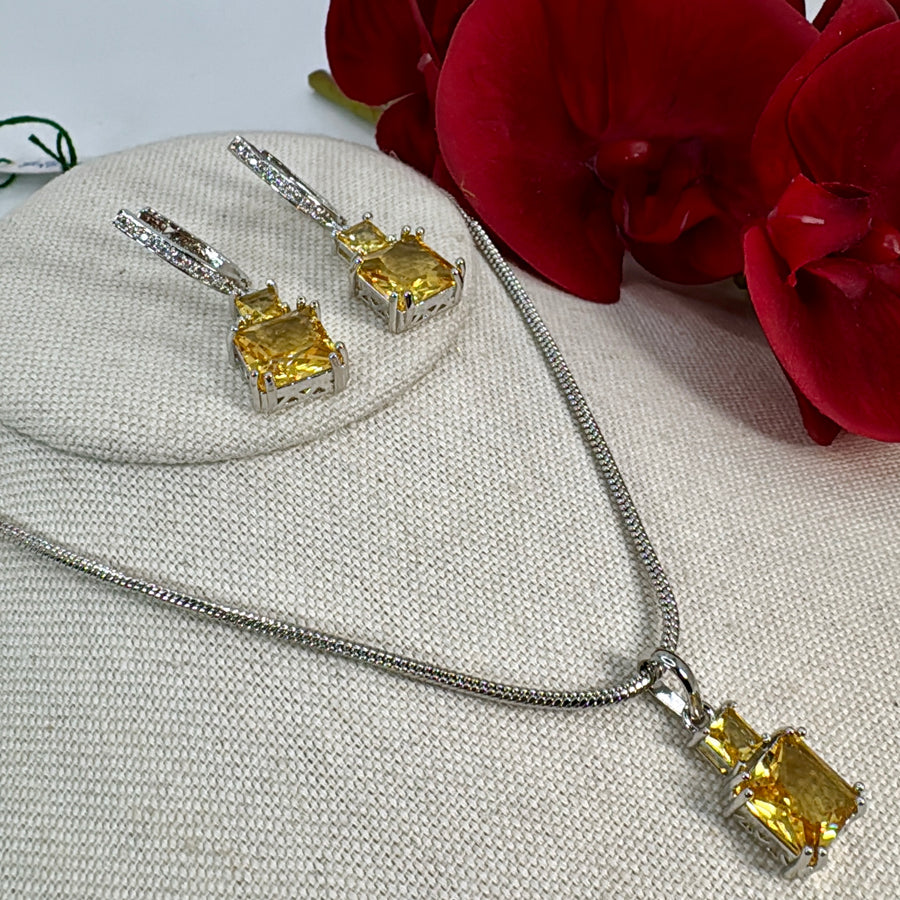 Yellow Cubic Zirconia Rhodium Polish Pendant Necklace Set