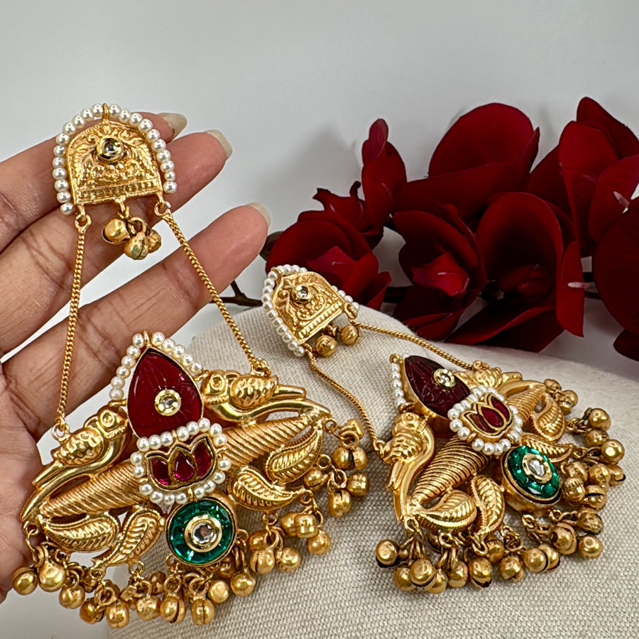 Ruby Silver Lookalike Gold Statement Chand Bali Earrings